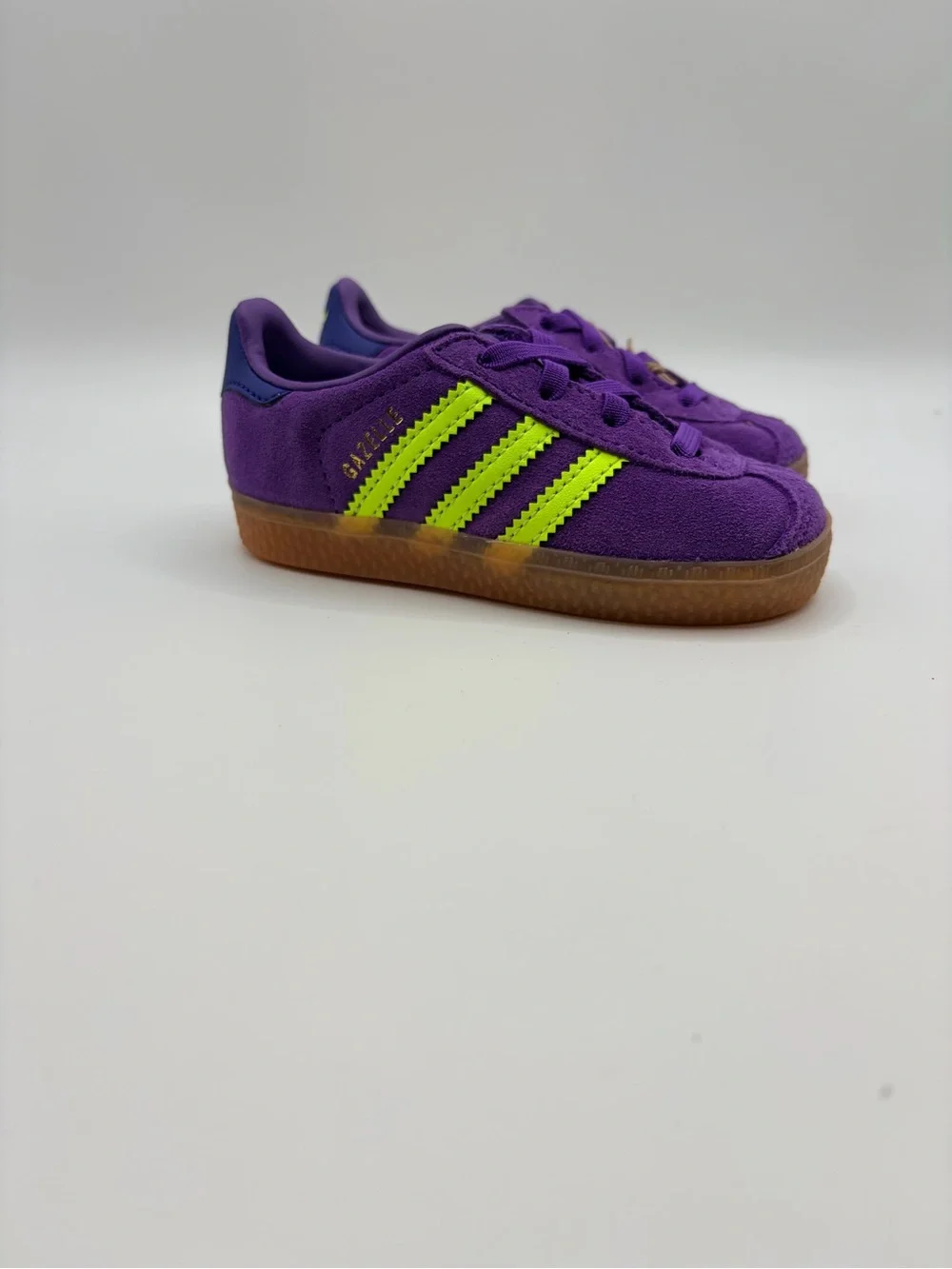 adidas Kids Gazelle CF EL I Purple Suede Sneakers with Neon Yellow Stripes